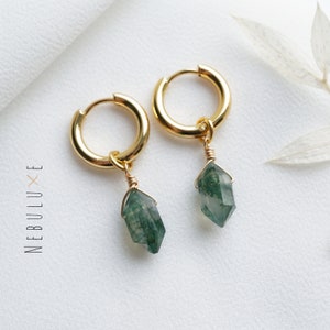 Moss Agate Earrings, Crystal Hoop Earrings, Gold Silver Hoop Earrings, Threader Earrings, Huggie Earrings, Moss Agate, Birthday Gift for Her