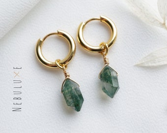 Moss Agate Earrings, Crystal Hoop Earrings, Gold Silver Hoop Earrings, Threader Earrings, Huggie Earrings, Moss Agate, Birthday Gift for Her