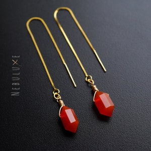 Carnelian Threader Earrings, July Birthstone, Gold Hoop Earrings, Threader Earrings, Pull Through Earrings, Long Chain Earrings
