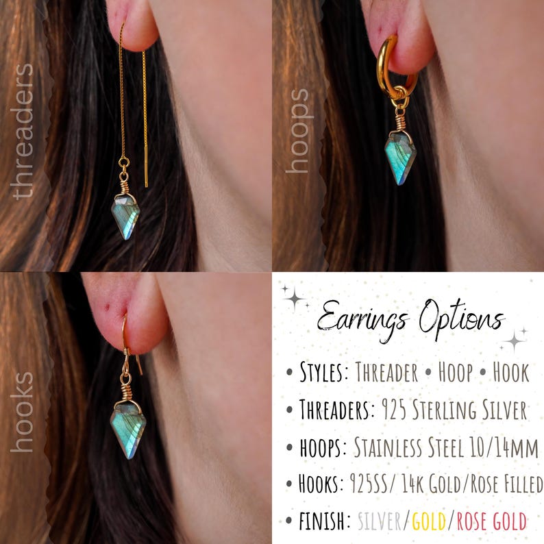 May include: Earrings in various styles, including threaders, hoops, and hooks. The earrings feature a gemstone with a gold or silver finish. The image includes text that says "Earrings Options".