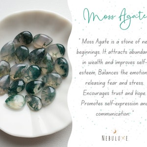 May include: A close-up of a white plate filled with moss agate stones. The stones are green and white with a natural, organic pattern. The text "Moss Agate is a stone of new beginnings. It attracts abundance in wealth and improves self-esteem. Balances the emotions, releasing fear and stress. Encourages trust and hope. Promotes self-expression and communication." is written in white text on a green background.