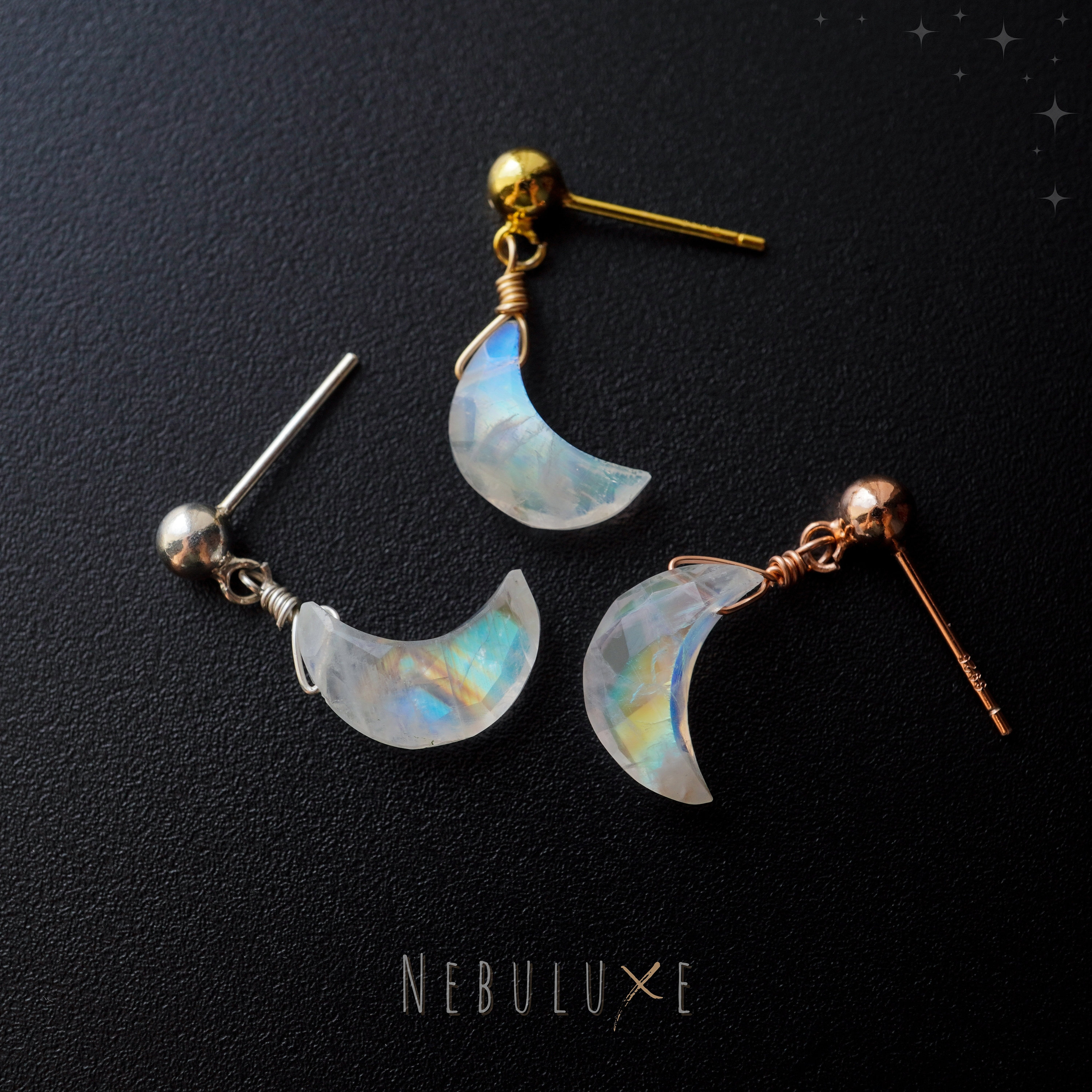 Moonstone Stud Earrings, Celestial Earrings, Rainbow Moonstone Jewellery, June Birthday Gift, Crescent Moon Earrings, Moonstone Necklace