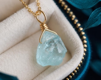 Natural Raw Aquamarine Necklace, March Birthstone Crystal Pendant, Blue Gemstone Jewellery