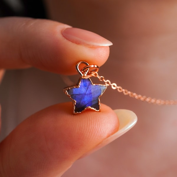 Labradorit Stern Anhänger, Kristall Stern Anhänger, Labradorit Ohrringe, 18.Geburtstag Geschenk, himmlischer Brautschmuck, zierliche Charm Halskette