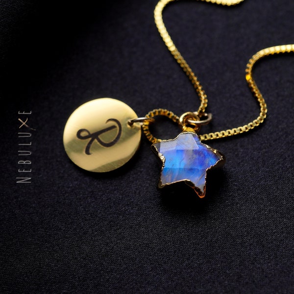 Rainbow Moonstone Necklace, June Birthstone Jewelry, Initial Letter Pendant, Personalized Necklace, Moonstone Jewellery, Star Necklace