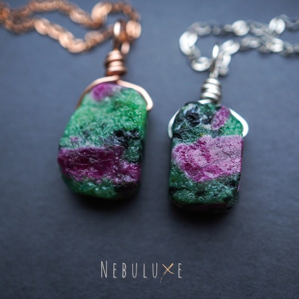 Ruby Zoisite Necklace • July Birthstone Necklace • Raw Stone Jewelry • Raw Crystal Necklace • Aries Aquarius Zodiac Necklace