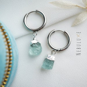 Aquamarine Earrings, Silver Hoop Earrings, March Birthstone Earrings, Raw Crystal Earrings, Huggie Earrings, Birthstone Huggies