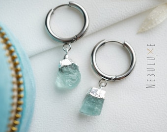 Aquamarine Earrings, Silver Hoop Earrings, March Birthstone Earrings, Raw Crystal Earrings, Huggie Earrings, Birthstone Huggies