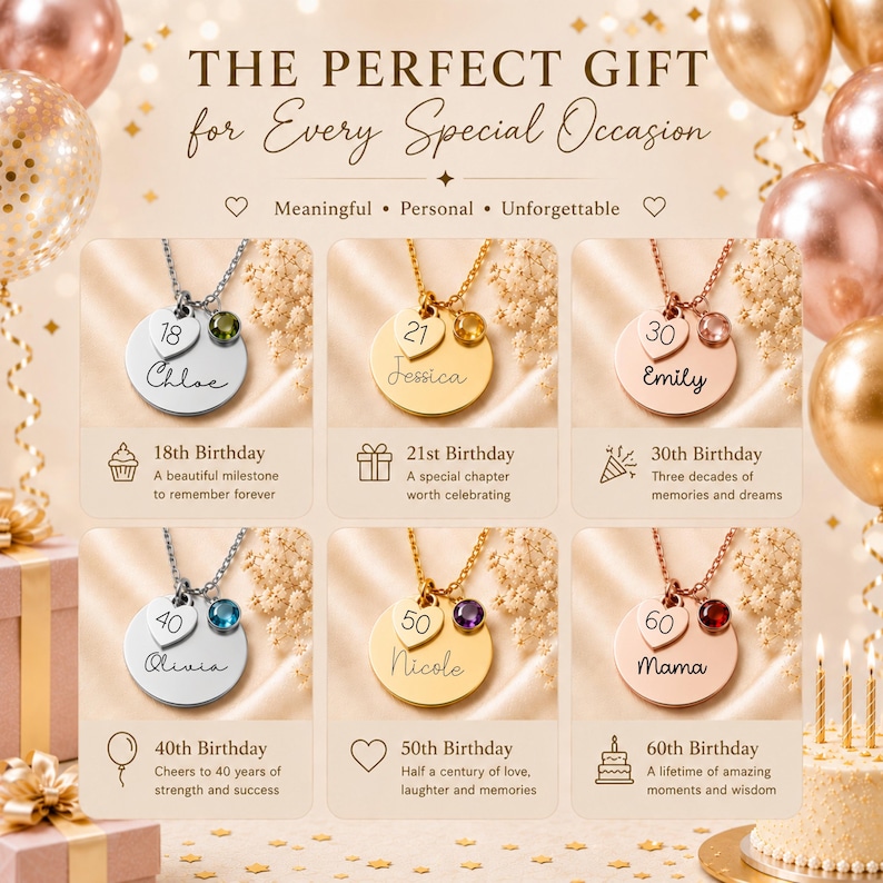 Peut inclure: Six colliers personnalis&eacute;s avec des pendentifs ronds en m&eacute;tal et de petits c&oelig;urs grav&eacute;s des &acirc;ges 18, 21, 30, 40, 50 et 60. Chaque collier comporte une petite pierre pr&eacute;cieuse color&eacute;e et un pr&eacute;nom en &eacute;criture cursive, avec des ic&ocirc;nes d'anniversaire.