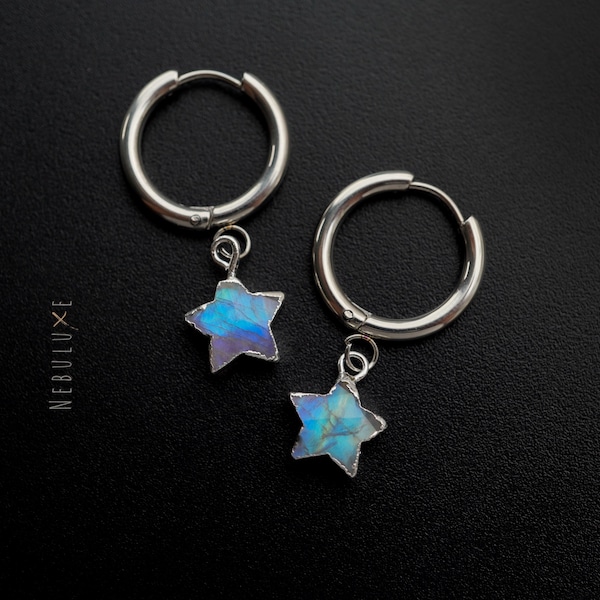 Moonstone Hoop Earrings, June Birthstone, Star Earrings, Star Hoop Earrings, Crystal Earrings, Huggie Hoop Earrings, Celestial Earrings
