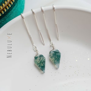 Moss Agate Earrings, Silver Threader Earrings, Moss Agate Jewelry, Crystal Earrings, Handmade Jewellery, Moss Agate Pendant, Boho Earrings
