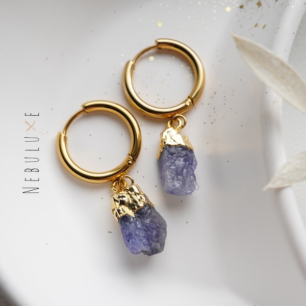 Tanzanite Earrings, December Birthstone Earrings, Raw Crystal Earrings, Gold Hoop Earrings, Tanzanite Jewelry, Huggie Earrings With Charm