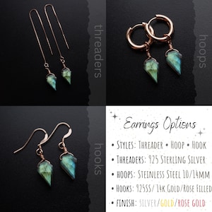 May include: Earring options are shown in this image. The styles include threaders, hoops, and hooks. The threaders are 925 sterling silver. The hoops are stainless steel 10/14mm. The hooks are 925SS/14K gold/rose filled. The finish is silver/gold/rose gold.