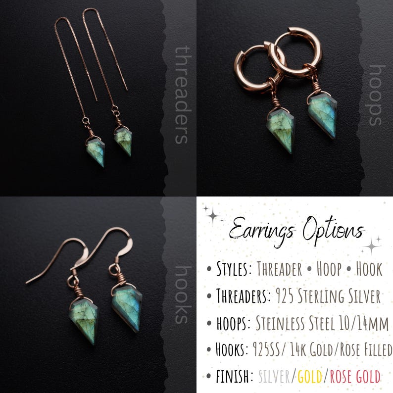 May include: Earring options are shown in this image. The styles include threaders, hoops, and hooks. The threaders are 925 sterling silver. The hoops are stainless steel 10/14mm. The hooks are 925SS/14K gold/rose filled. The finish is silver/gold/rose gold.