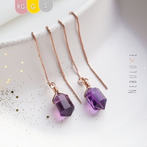 Boucles d'oreilles enfile-aiguille améthyste, pierre de naissance de février, boucles d'oreilles pierre de naissance, boucles d'oreilles enfile-aiguille cristal, boucles d'oreilles à tirer, cadeau Saint-Valentin