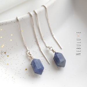 Sapphire Threader Earrings, September Birthstone, Birthstone Earrings, Silver Threader Earrings, Pull Through Earrings, Blue Sapphire