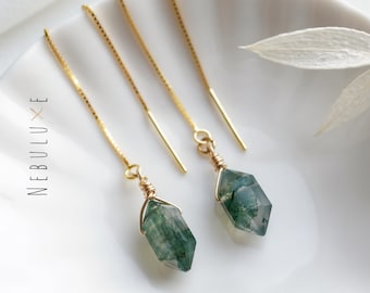 Moss Agate Earrings, Crystal Hoop Earrings, Gold Hoop Earrings, Threader Earrings, Huggie Earrings, Moss Agate, Long Chain Earrings