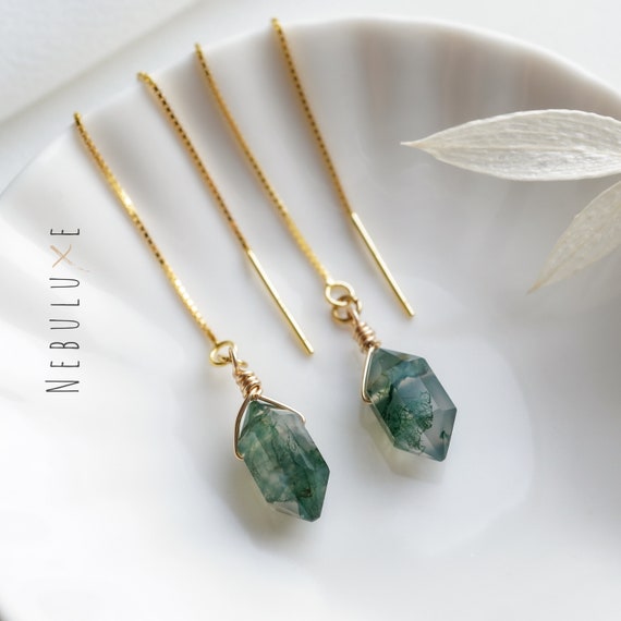 Moss Agate Earrings, Crystal Hoop Earrings, Gold Hoop Earrings, Threader Earrings, Huggie Earrings, Moss Agate, Long Chain Earrings