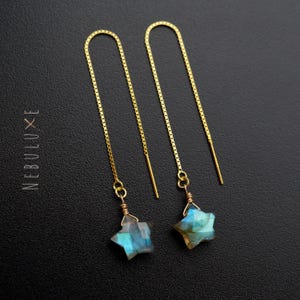 Labradorite Star Threader Earrings, Crystal Star Earrings, Cute Wedding Earrings, Celestial Earrings, Unique Bridesmaid Earrings
