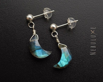 Labradorite Stud Earrings, Crescent Moon Earrings, Celestial Earrings, Crystal Stud Earrings, Labradorite Jewelry, 18th Birthday Gift