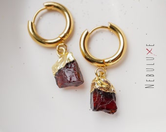 Garnet Earrings, January Birthstone, Raw Crystal Earrings, Silver Gold Hoop Earrings, Garnet Jewelry, Huggie Hoop Earrings