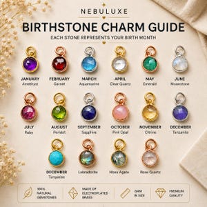 May include: A birthstone charm guide by Nebuluxe featuring eighteen round, faceted gemstone charms in gold and silver settings. Each charm is labeled with its corresponding month and stone name, including amethyst, garnet, aquamarine, quartz, emerald, moonstone, ruby, peridot, sapphire, opal, citrine, tanzanite, turquoise, labradorite, moss agate, and rose quartz. The guide specifies 6mm in size.