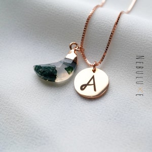 Collar de ágata de musgo, collar inicial, collar boho, joyería única, regalo de cumpleaños número 30 para ella, collar de piedras preciosas personalizado