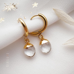 Clear Quartz Earrings, April Birthstone, Birthstone Earrings, Silver Rose Gold Hoop Earrings, Quartz Jewelry, Huggie Earrings With Charm
