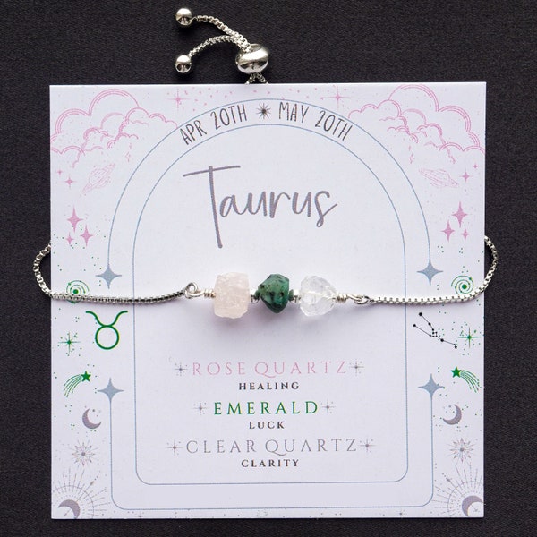 Taurus Zodiac Bracelet, Raw Crystal Bracelet, Silver Adjustable Bracelet, Taurus Gift, Birthstone Bracelet, Boho Gemstone Bracelet