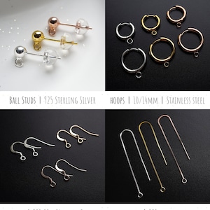 May include: Assortment of earring findings in gold, silver, and rose gold finishes.  Includes ball studs, hoops, hooks, and threaders.  The text on the image reads: "BALL STUDS | 925 STERLING SILVER", "HOOPS | 10/14MM | STAINLESS STEEL", "HOOKS | 925 SS | 14K GOLD FILLED", and "THREADERS | 925 STERLING SILVER".