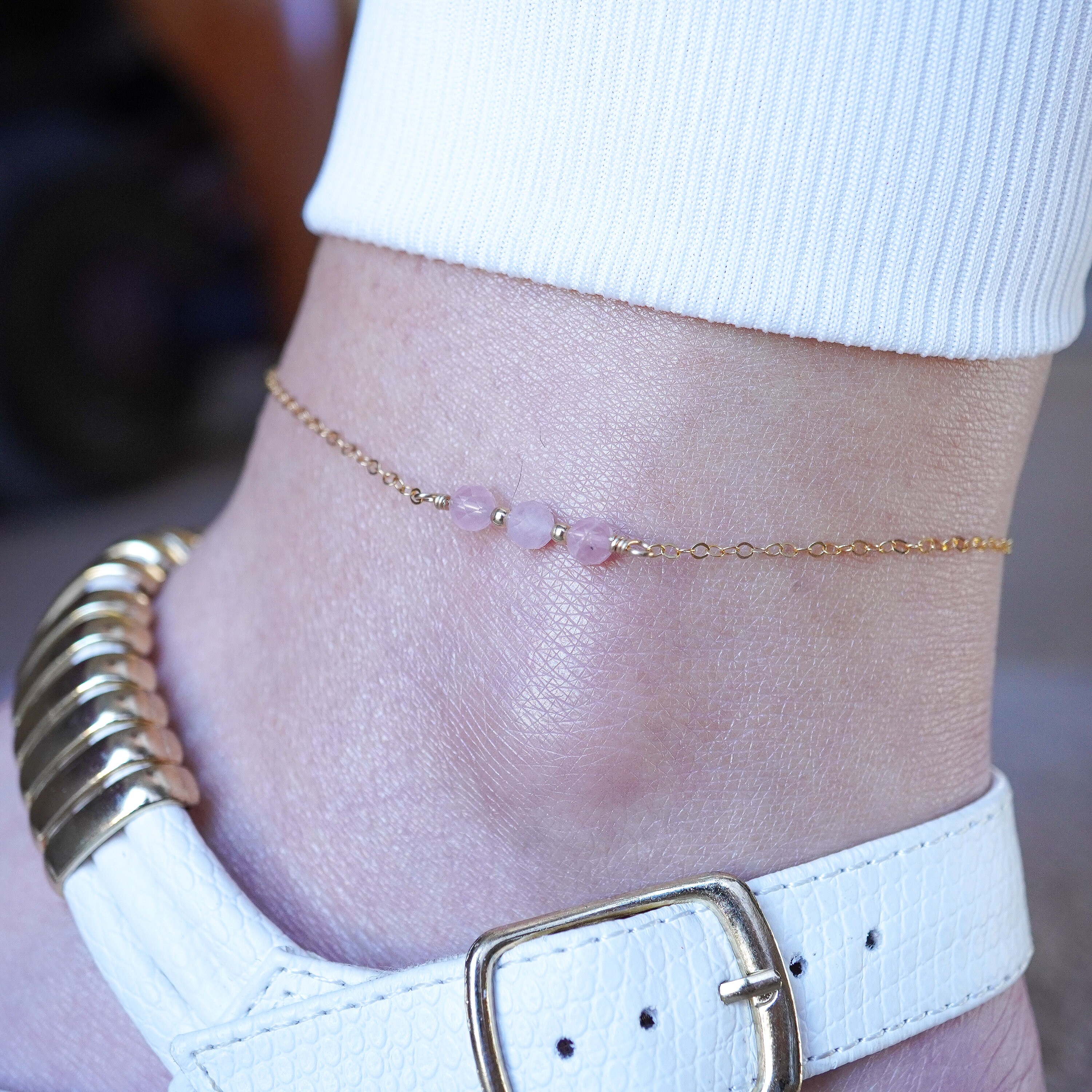 Rose Quartz Ankle Bracelet Gold Anklet Rose Quartz Jewelry Etsy