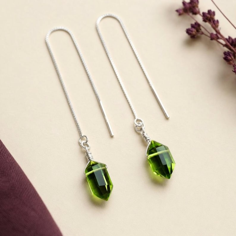 Peridot-Ohrringe zum Durchziehen, Geburtsstein-Schmuck für August, lange Kettenohrringe aus Silber und Gold Bild 3