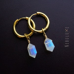 Moonstone Hoop Earrings, Gold Hoop Earrings, June Birthstone, Huggie Hoop Earrings, Rainbow Moonstone Earrings, 3rd Anniversary Jewelry Gift