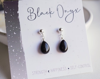 Pendientes de ónix negro, pendientes de cristal, pendientes de ónix, joyas de protección, pendientes góticos, pendientes de bola, pendientes de lágrima
