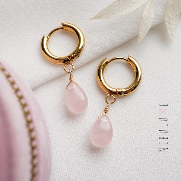 Boucles d'oreilles en quartz rose, Créoles en cristal, Cadeau pour 21e anniversaire, Boucles d'oreilles de mariage rose, Bijoux en quartz rose, Cadeau zodiaque taureau