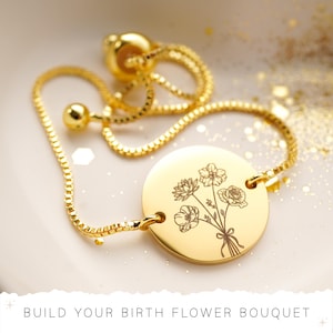 Combined Birth Flower Bracelet, Custom Family Flower Bouquet Bracelet, Gifts For Daughter, Personalised Jewellery Gift Mum, Birthday Gifts