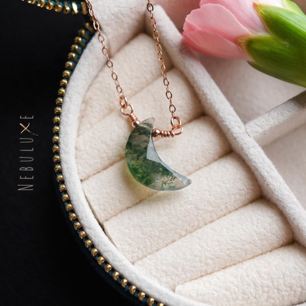 Moss Agate Necklace • Crescent Moon Necklace • Celestial Jewelry • Moss Agate Pendant • Virgo Zodiac Necklace