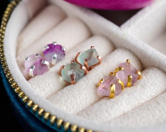 Fluorite Earrings, Stud Earrings For Women, Silver Gold Rose Gold Stud Earrings, Raw Gemstone Jewelry, Green & Rainbow Fluorite Jewelry