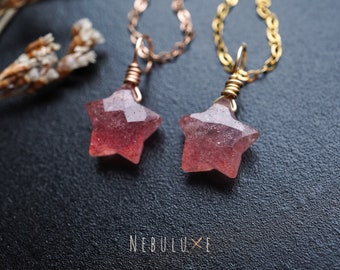 Strawberry Quartz Necklace • Star Pendant Necklace • Celestial Necklace • Crystal Gemstone Necklace • Libra Zodiac Necklace