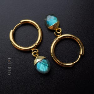 Labradorite Hoop Earrings, Silver Gold Hoop Earrings, Labradorite Jewelry, Huggie Earrings With Charm, Crystal Earrings
