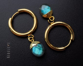 Labradorite Hoop Earrings, Silver Gold Hoop Earrings, Labradorite Jewelry, Huggie Earrings With Charm, Crystal Earrings