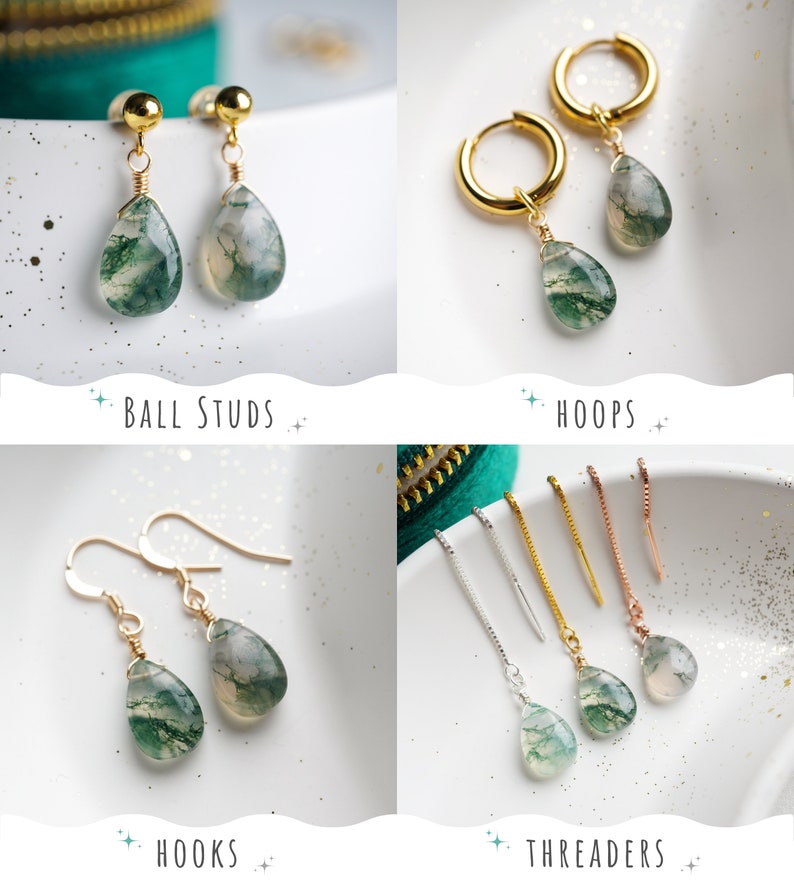 May include: Four different styles of earrings featuring green agate stone drops. The styles include ball studs, hoops, hooks, and threaders.