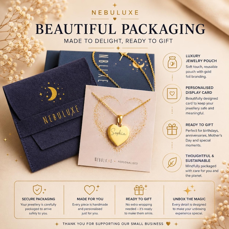 May include: A gold-colored heart-shaped pendant necklace with the name Sophia engraved on the front, displayed on a card with a gold heart graphic. Includes a dark blue velvet pouch with gold moon and star icons and the brand name NEBULUXE.