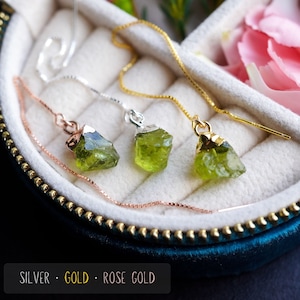Peridot Earrings, Silver Threader Earrings, Raw Crystal Earrings, August Birthstone Gift, Birthstone Jewelry, Green Wedding Bridal Jewelry