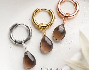 Rauchquarz Ohrringe, Kristall Ohrringe, Rauchquarz Schmuck, April Geburtstagsgeschenk, Gold Creolen, Ohrhänger Geburtsstein, Rauchquarz Halskette