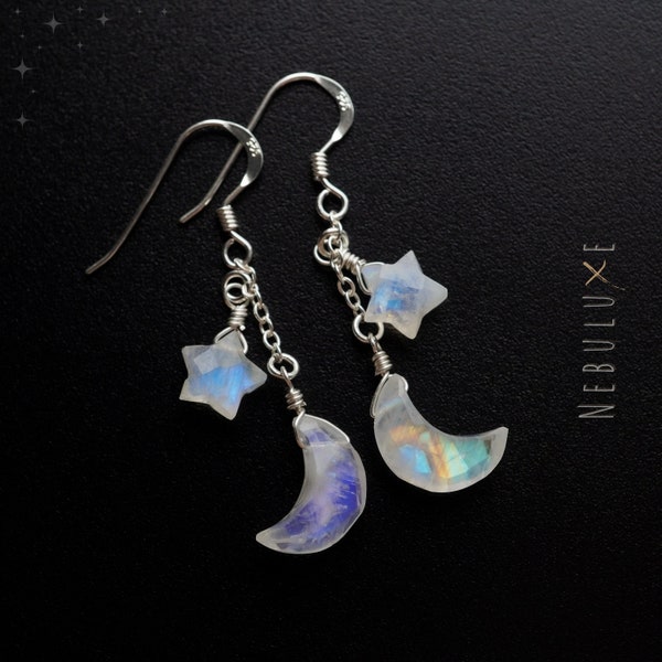Rainbow Moonstone Star Moon Earrings • June Birthstone • Celestial Crystal Earrings • Crescent Moon Jewelry • Gemini Zodiac • Star Earrings