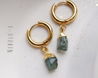 Green Sapphire Earrings, September Birthstone, Raw Crystal Earrings, Gold Hoop Earrings, Sapphire Jewelry, Huggie Earrings, Gemstone Hoops