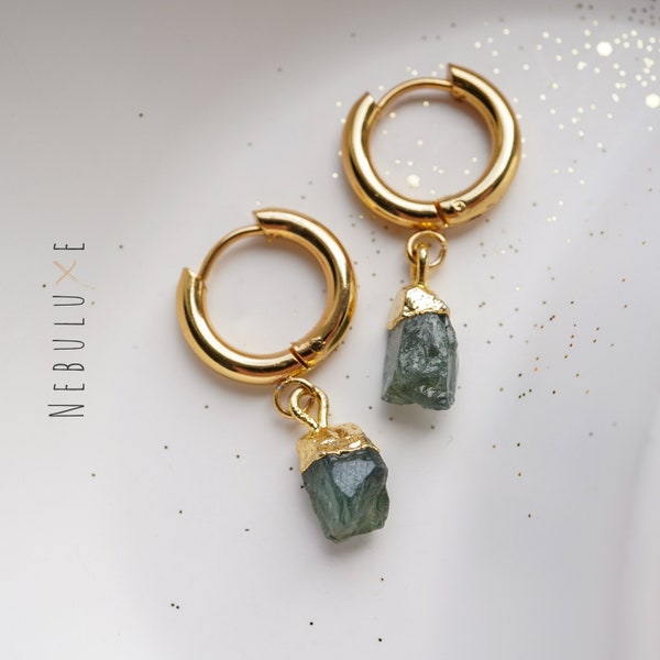 Green Sapphire Earrings, September Birthstone, Raw Crystal Earrings, Gold Hoop Earrings, Sapphire Jewelry, Huggie Earrings, Gemstone Hoops