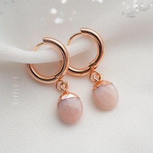 Opal Hoop Earrings, October Birthstone, Birthstone Earrings, Silver Hoop Earrings, Pink Opal Jewelry, Huggie Earrings With Charm