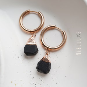 Onyx Hoop Earrings, Gold Hoop Earrings, Black Onyx Earrings, Raw Crystal Earrings, Huggie Earrings, Empath Protection Jewelry